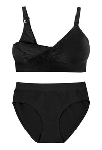 バンブー ノンワイヤー 授乳ブラ + ハイカットショーツ セット - ブラック
