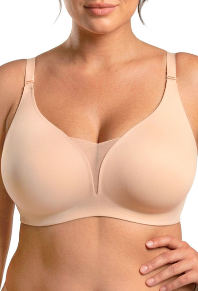 Invisible mesh wirefree padded bra front view with smooth cups and crossover detail